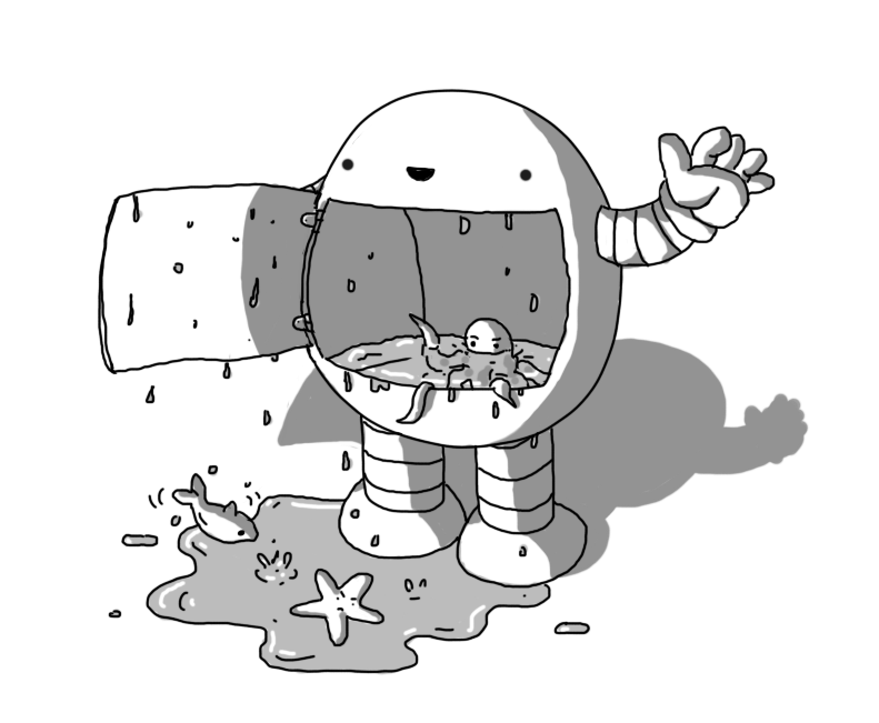 An ovoid robot with a large door in its tummy that it's opening with a big smile. The cavity in its interior is filled up to the brim with water, and a lot more has poured out and has formed a puddle on the floor at its feet. Lots of drips also cascade off the robot. A grumpy octopus lurks inside the robot, while a fish flops on the floor and an angry-looking starfish languishes beside it.