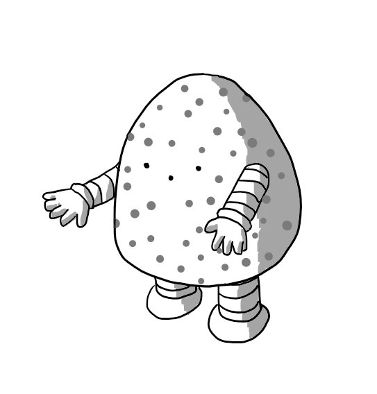 A round-topped robot with banded arms and legs, with its body covered by dots if various sizes. The robot is holding out its arms and making an 'oooh' face as it looks down at itself.