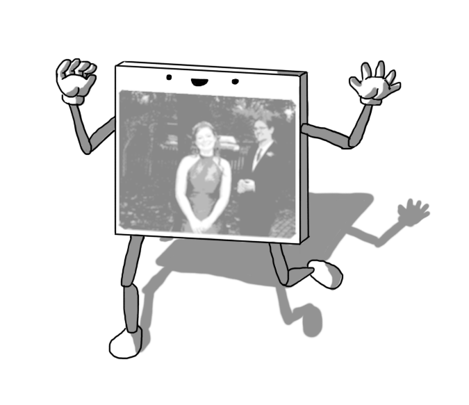 A robot in the form of a slim rectangle on its end, with jointed arms and legs attached. Most of its front surface is taken up by the image of a couple on their wedding day.