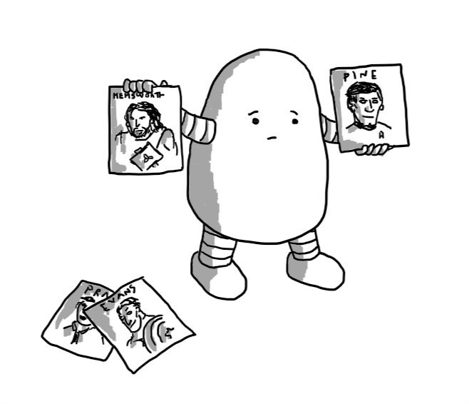 A potato-shaped robot holding up a picture of Thor labelled 'HEMSWORTH' in one hand and Captain Kirk labelled 'PINE' in the other. On the floor are two more pictures, one showing Captain America and labelled 'EVANS' and the other, partially obscured, but showing someone in a shirt and tie and part of the word 'PRATT'.