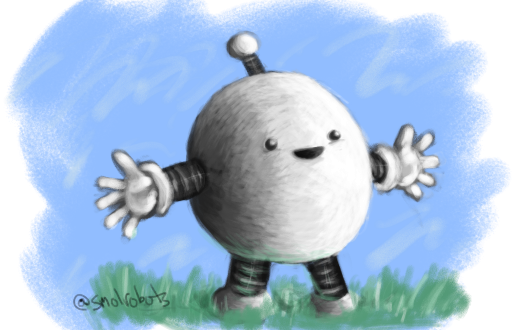 An oil-painting style picture of a generic small robot - spherical, with banded arms and legs and an antenna - standing in some grass in front of a blue sky. The robot is smiling and holding out its arms.