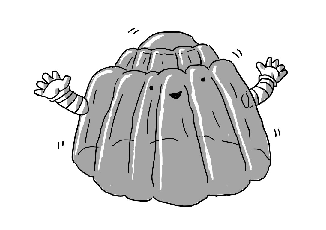 A robot in the form of a traditional moulded jelly with two little arms on either side. It's shaking happily.