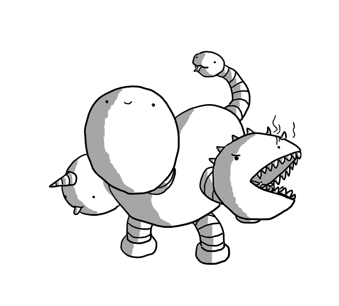 A quadrupedal robot with banded legs. It has three heads: one resembles Dragonbot's, one is a Unicornbot and the middle one is a smiling Bigbot. Its tail is also a Snakebot.