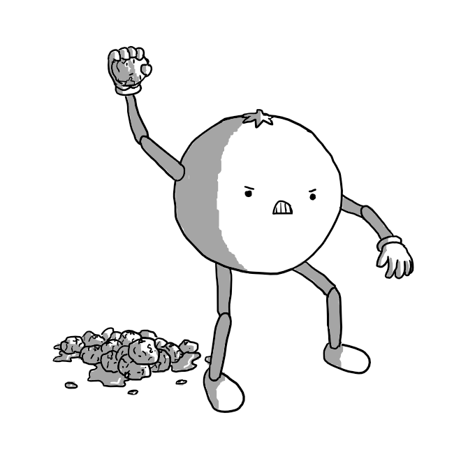 An angry spherical robot with a little stalk on the top so it resembles a tomato and jointed limbs winding up to throw a rotting tomato. A pile of other tomatoes in a similar state of decomposition is on the ground next to it.