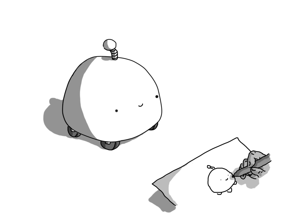 A vaguely hemispherical robot with four little wheels and a banded antenna, smiling blankly. In the foreground, a small hand is sketching a drawing of the robot on a piece of paper.