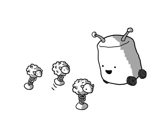 Sleepbot - a cylindrical, wheeled robot with two antennae - watches delightedly as three much smaller robots in the form of little fluffy balls with stylised sheep's heads bounce by, each on a single large spring with one round foot at the end.