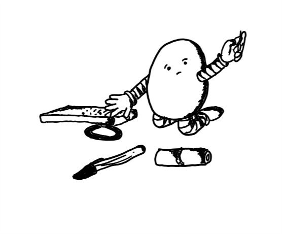 An ovoid robot kneeling beside some items: a lipstick, a pen, a hairband and a remote control. It is speculatively holding up a paperclip with a hopeful look on its face.