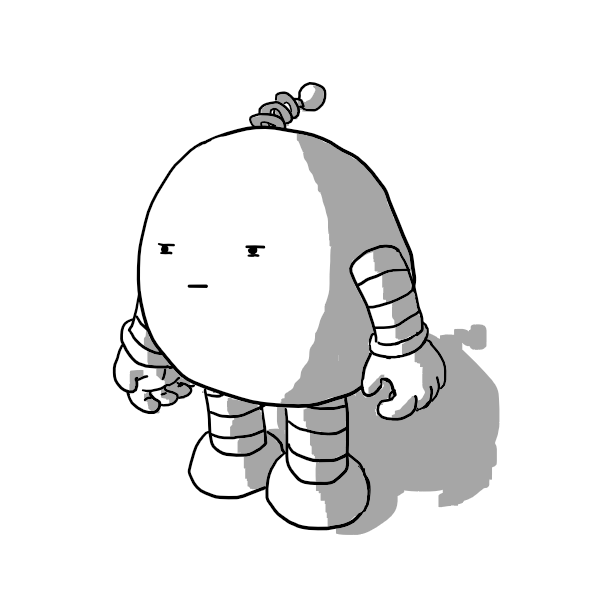 A round robot with banded arms and legs and a curly antenna narrowing its eyes suspiciously.