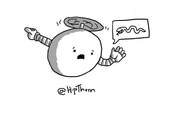 A spherical robot held aloft by a propeller on its top, pointing behind it with a frightened look on its face. A speech bubble is coming from its mouth with a picture of a snake in it.