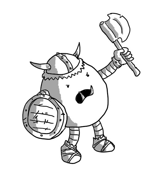 An ovoid robot with banded arms and legs  wearing a horned helmet, carrying a battered shield and angrily waving a notched axe. Its feet are wrapped in cloth with crude leather straps and it sports a pair of vicious tusks.