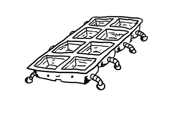 A robot in the form of a rectangular ice cube tray with a happy face on one of the short ends and little legs on each compartment along the sides.