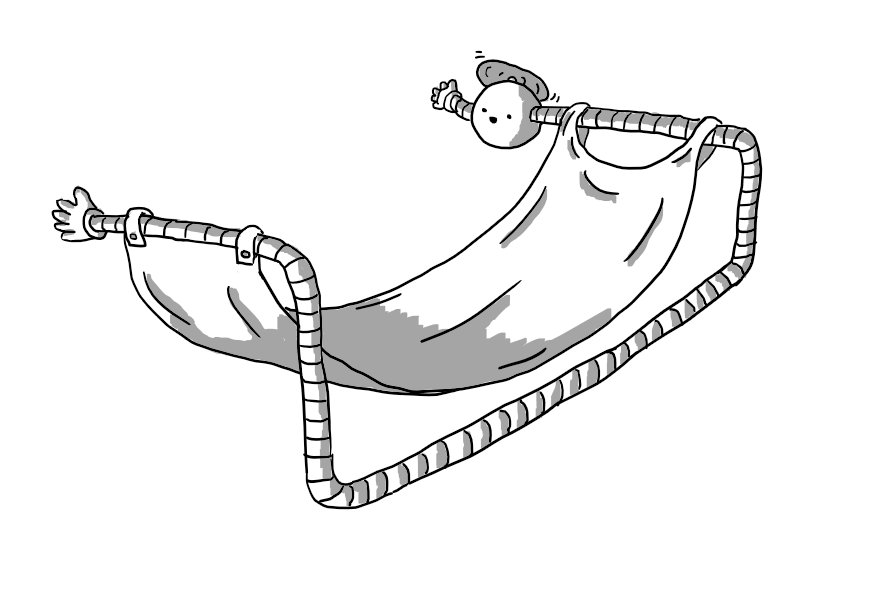 A spherical robot with a propeller on its top and banded arms. One arm is a normal length and waving while the other extends ludicrously directly away from its body, down and along the ground then back up and across again to form a large frame from which a hammock is hung. Its long arm has another little waving hand at the end.