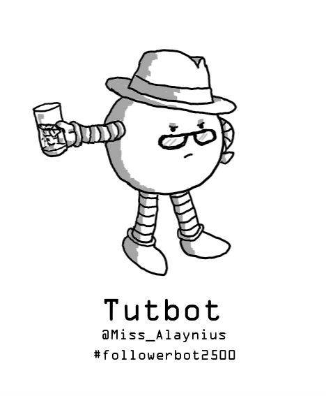 A spherical robot wearing a trilby and a pair of glasses, and holding a glass of gin and tonic. It's staring disapprovingly over its glasses and has one hand on its hip.