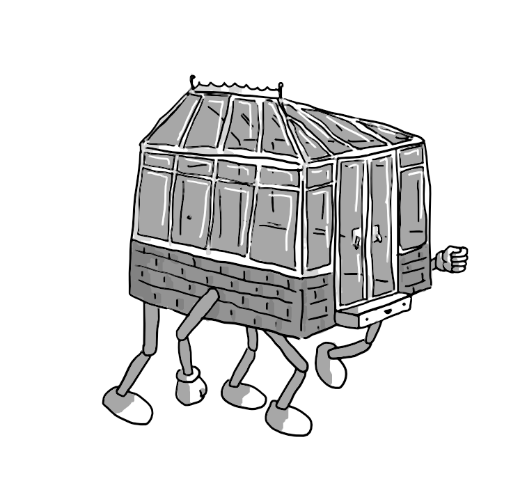 A robot in the form of a conservatory with a bricked lower section. It has four jointed legs on its underside, jointed arms on either side and a smiling face on a step before a set of French doors on its front.