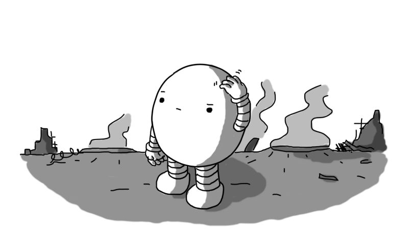 A round robot with banded arms and legs, scratching its head with a confused look on its face while it stands in the midst of a ruinous, cratered battlefield.