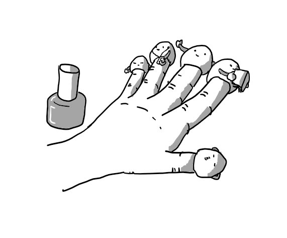 A person's hand outstretched, palm downwards, beside a jar of nail polish. On the tip of each finger is a little rounded robot with two arms. The thumb robot is relaxing with its hands behind its head, the index finger is reading a book, the middle finger is waving, the ring finger is listening to headphones and the little finger is asleep.