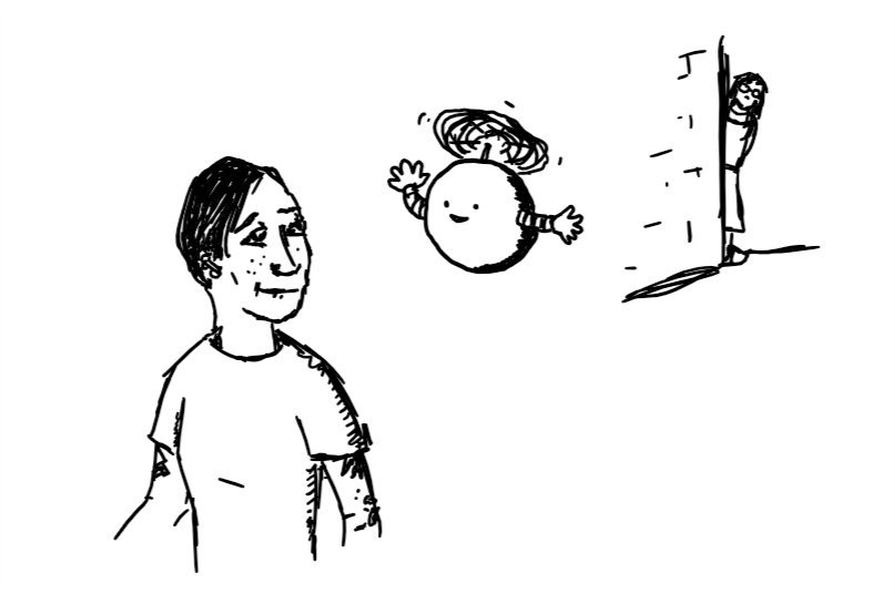 A spherical robot held aloft by a propeller on its top with little arms hovers beside a person walking by who is looking up at it with interest. In the background, another person peeks out nervously from around a corner