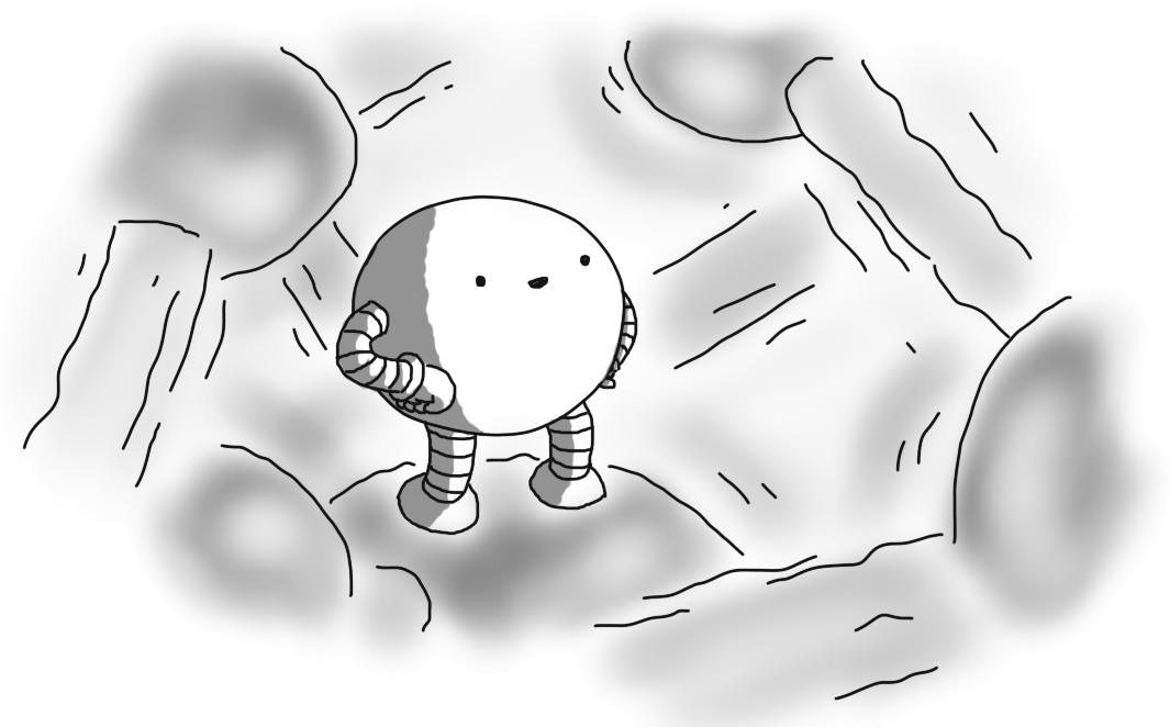 A round robot with banded arms and legs, hands on its hips, smiling at the scene around it: a fuzzy landscape of interconnected spheres, vibrating with energy.