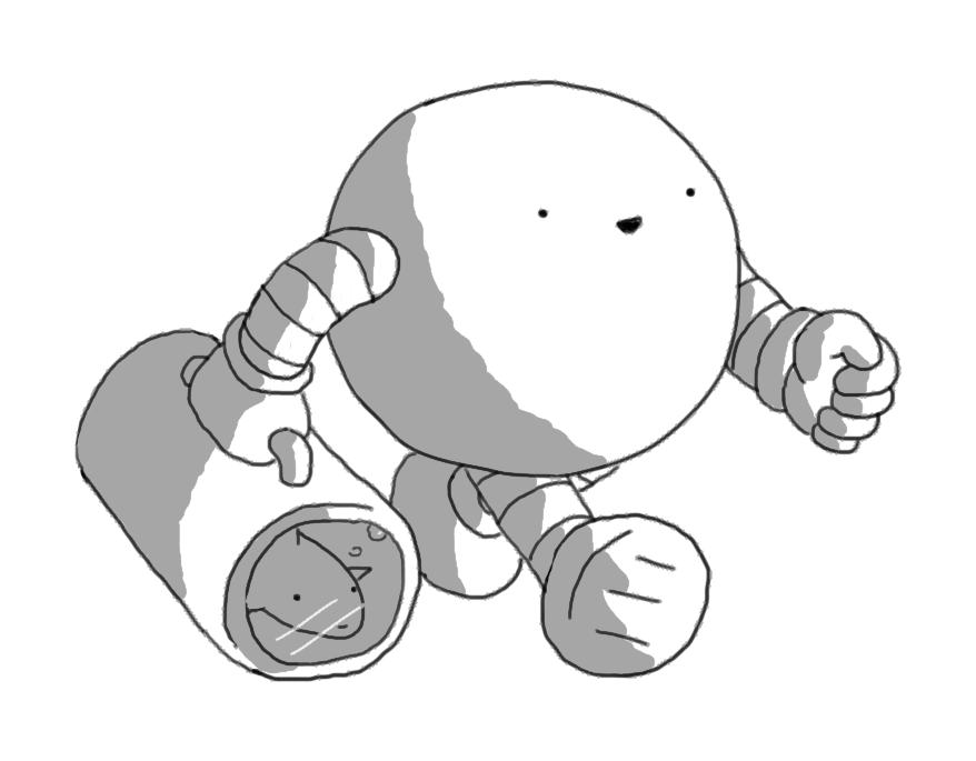 A spherical robot with banded arms and legs walking along holding a cylindrical container that has a glass porthole at one end. Inside, a fish is floating in water, looking out through the porthole.