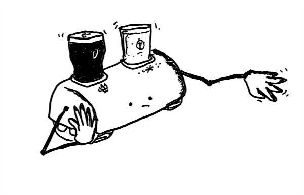 a long robot with caterpillar tracks and long, jointed arms. it has two receptacles, one marked with a flame symbol and one with a frost symbol - a pint of Guinness is in the hot one and lager in the cold one. the robot looks very bored and is resting on one hand while the fingers of the others tap restlessly.