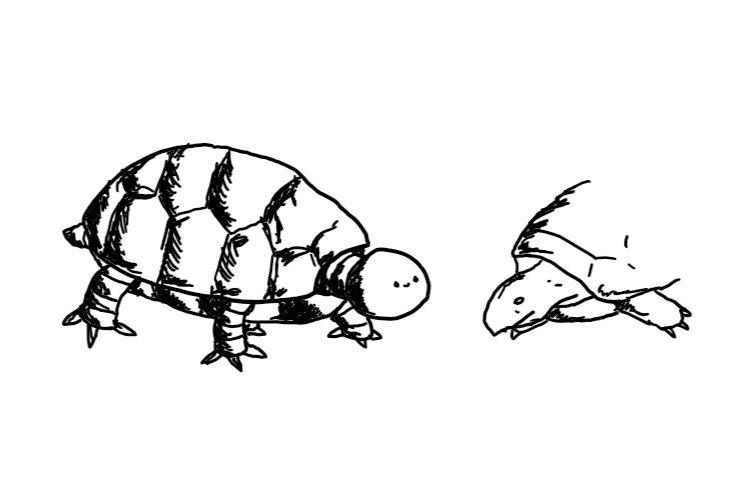 a robot resembling a tortoise, complete with metallic shell and little banded robot legs. its head is spherical and has a tiny smiley face. an actual tortoise is sitting just by it, looking somewhat unconvinced.
