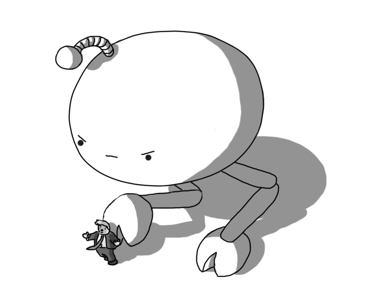 A large, ovoid robot with two jointed, bird-like legs and a banded antenna, using one of its cloven feet to push over a suited man with a overly long tie and ridiculous hair, while staring balefully down at him.
