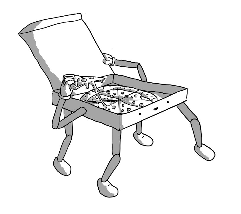 A robot in the form of an open pizza box with four jointed legs on its base. It has two jointed arms on either side, one of which is holding up the lid while the other hand lifts up a gooey slice of pizza. The robot's smiling face is on the front edge of the box.