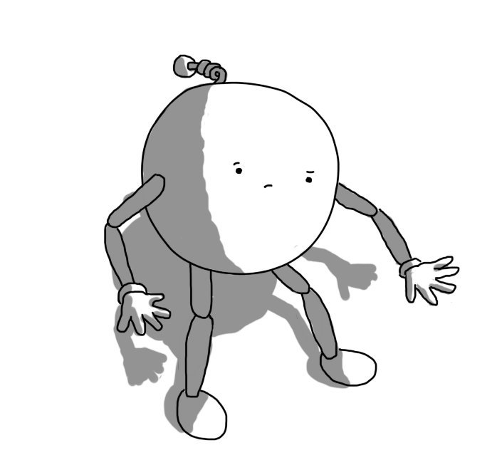 A spherical robot with jointed arms and legs, looking down at its arms uncertainly.