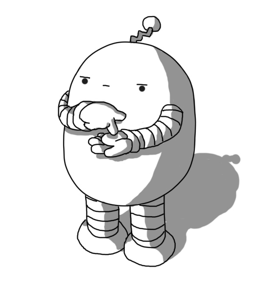 An ellipsoid robot with banded arms and legs and a zigzag antenna. It's holding out one hand and jabbing the palm with the index finger of its other as it gives a stern look.