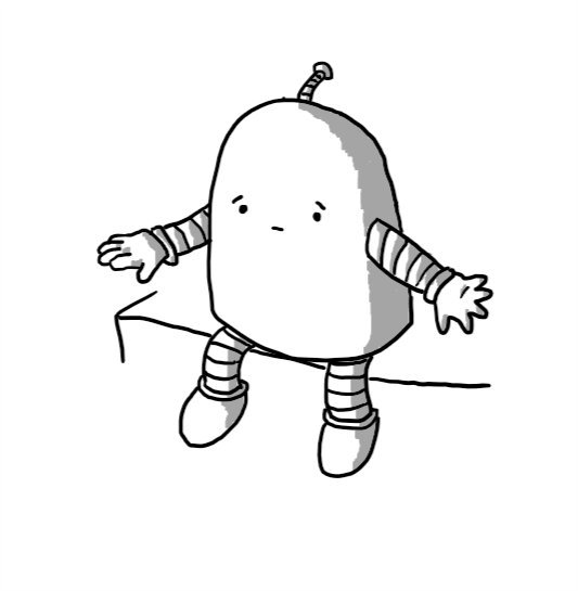 A rounded robot sitting with its legs dangling over the edge of a surface, holding out one hand with an expression of sympathy on its face.