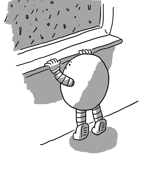 An ovoid robot with banded arms and legs standing on its tiptoes to peer out of a window. It's raining outside and the robot looks a bit glum.