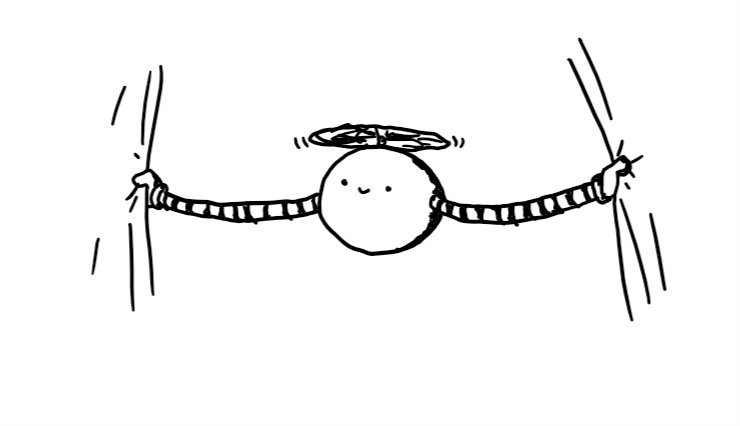 A spherical robot held aloft by a propeller on its top, with long, extendable arms, each holding the edge of a curtain.