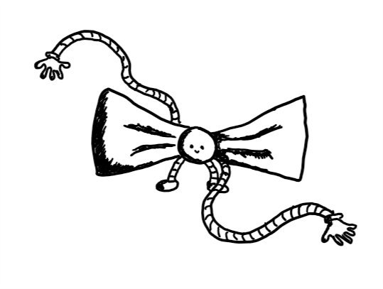 a robot shaped like a bow-tie, with its head as the knot in the centre. it has little banded legs and long, flexible banded arms that are waggling around on either side.