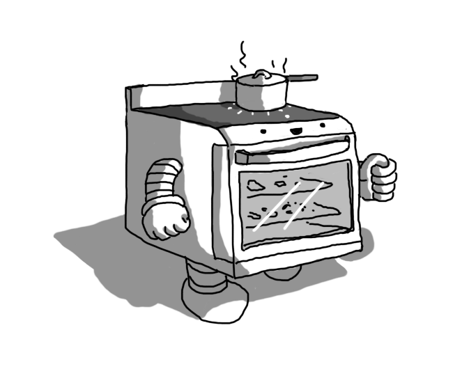 A robot in the form of an oven, with banded arms and legs, and a smiling face where the dials would normally be. Several trays of something are cooking in its interior, and a covered saucepan is steaming away on its induction hob top.