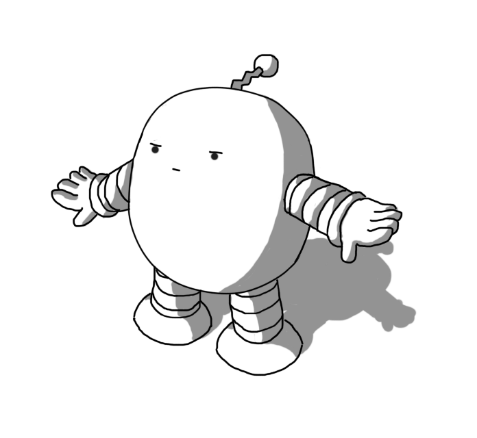 A rounded robot with banded arms and legs and a zigzag antenna, wearing a determined expression and holding its arms out at its sides as if bracing for something.