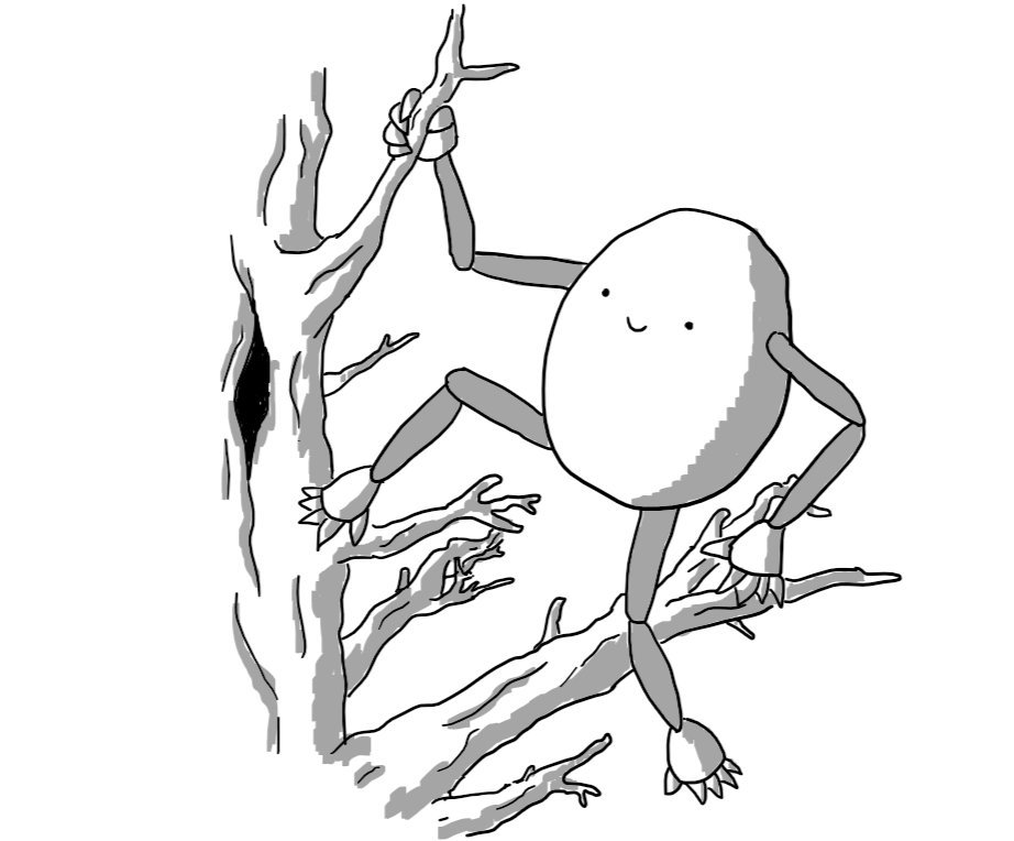An ovoid robot with long, jointed limbs perched on the branch of a tree. Its feet are an additional pair of hands.