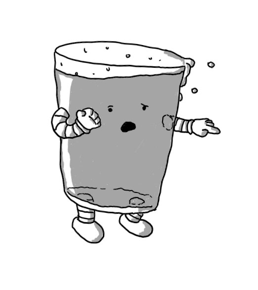 A robot in the form of a pint of beer with arms and legs. It's walking a little unsteadily, spilling foam from its top, and is pointing with one hand while the other is clenched. Its eyes are a little wonky and its mouth is open and slightly contorted as if its feeling sick.