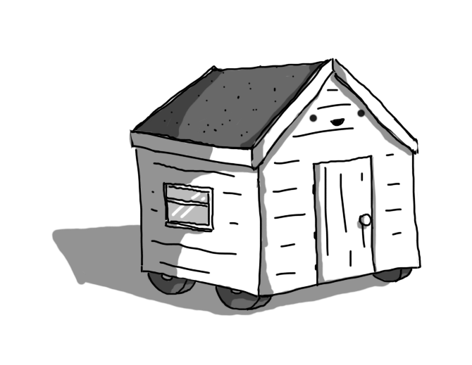 A robot in the form of a wooden garden shed, with a pitched roof and wheels on the bottom. The door is on the gable end and the robot's smiling face is above it, just below the eaves of the roof.