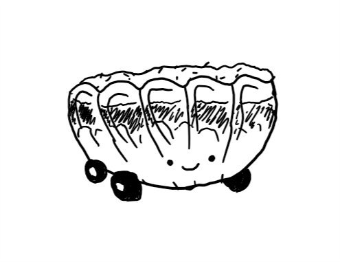 A robot in the form of a large serving bowl filled with a traditional layered trifle. It has a smiling face on the front and four little wheels on the bottom.