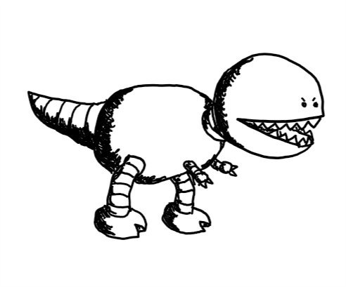 a robot that looks like a tyrannosaurus-rex, with a big round head with a chomping, fang-filled mouth and little angry eyes