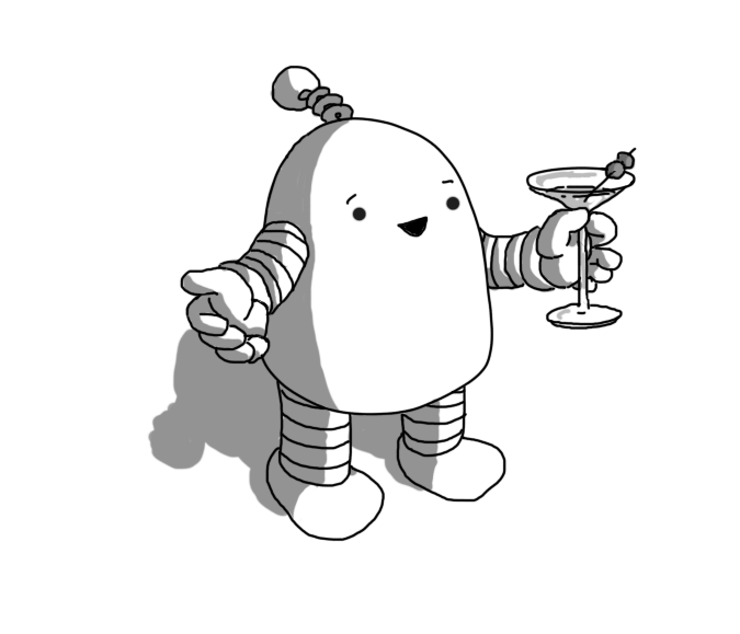 A smiling, round-topped robot with a coiled antenna and banded arms and legs. It has a martini in one hand and is gesturing effusively with the other.