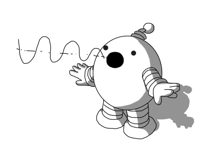 A round robot with banded arms and legs and a coiled antenna. It's holding out its hands and opening its mouth wide, from which emerges an expanding sine wave.