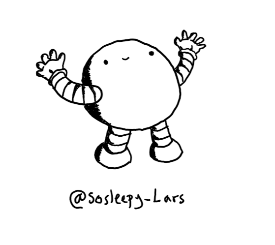 A spherical robot with thick, banded arms and legs. It stands on the ground with its arms stretched wide, looking upwards with a smiley face near the top of its body.