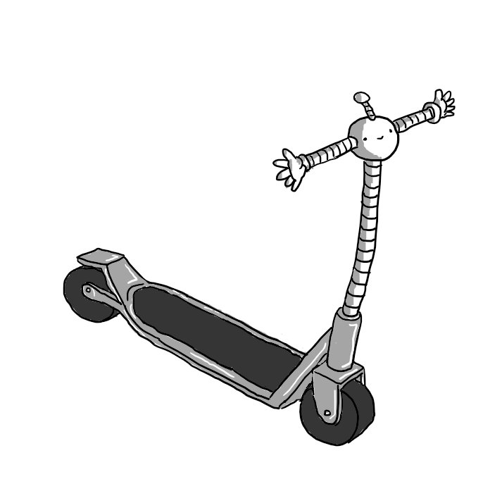 A push scooter in chrome, with the upright strut a banded small robot limb with a little spherical robot body at the top. Banded arms are held perpendicularly on either side to make handlebars and ut also has a little antenna.