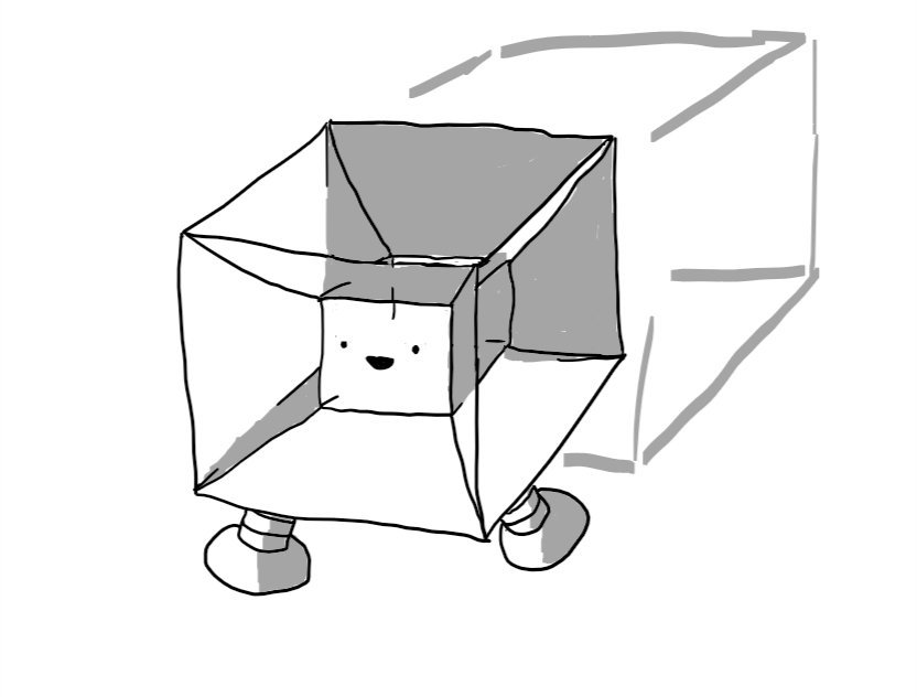 A robot whose design resembles a 2-D visualisation of a tesseract - a 4D analogue of a cube. It has one small cube in its centre which has its face on it and planes radiating outwards from each edge that form six trapezoids making a second, transparent cube around it. The lines and shading suggest the faces, edges and vertecies are overlapping in non-intuituve ways. It casts a shadow in the form of a wireframe cube.