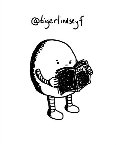 An ovoid robot with a flat underside thoughtfully reading a little black book that says 'CONTACTS' on the front.