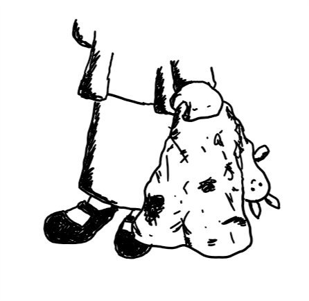 a child pictured from the waist down holds a heavily soiled blanket in one chubby fist. one end of the blanket is a little smiling robot head with bunny ears held upside-down.