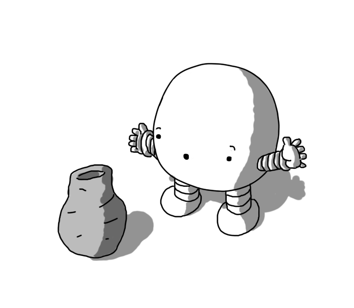 A round robot with banded arms and legs, looking in delighted surprise at a roughly-made clay vase.