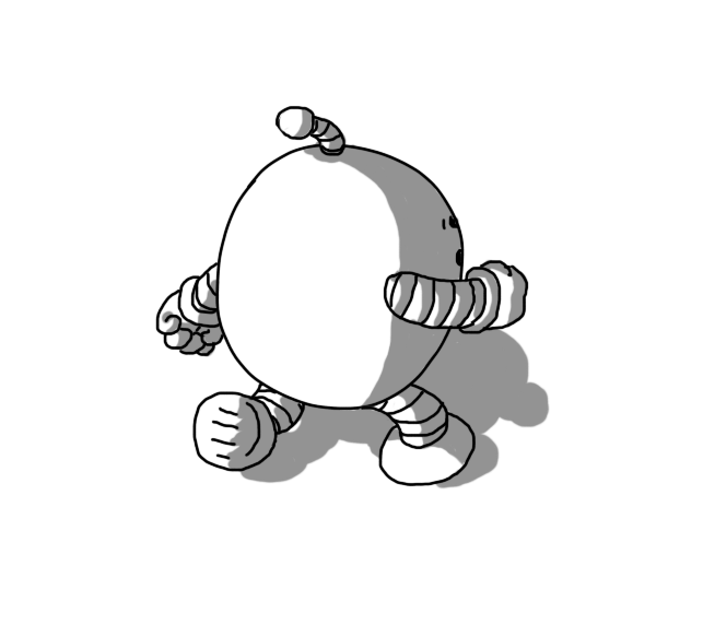An ovoid robot with banded arms and legs and an antenna, running away from the frame. What's visible of its face appears to be panic stricken.