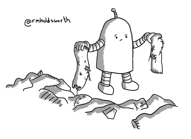 A round-topped robot stands beside a big jumble of clothes, frowningly holding up a pair of much-worn and badly-holed socks.